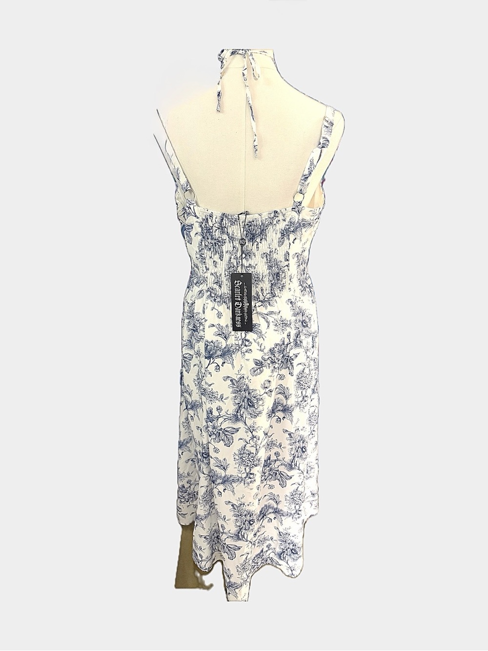 Scarlet Darkness Blue White Floral Toile Halter Midi Dress Size L NWT - Picture 5 of 10